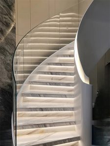 Metal railing and glass railing staircase, curved staircase 9 with LED. Light staircase from NST Building.