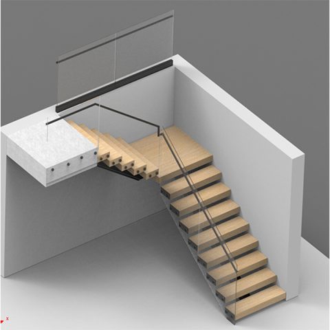 Wooden floating staircase with glass railing