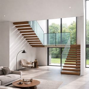 U-Shaped Floating Staircase with Glass Railing for Modern Homes
