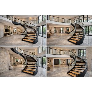 curved steel railing staircase in luxury villa