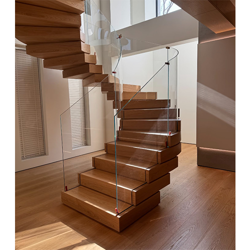 modern floating wood staircase with glass railing