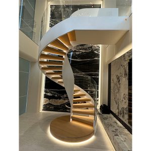 Interior glass railing spiral staircase